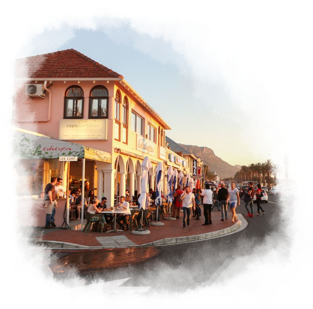 The outside view of a cafe and patio strip.
