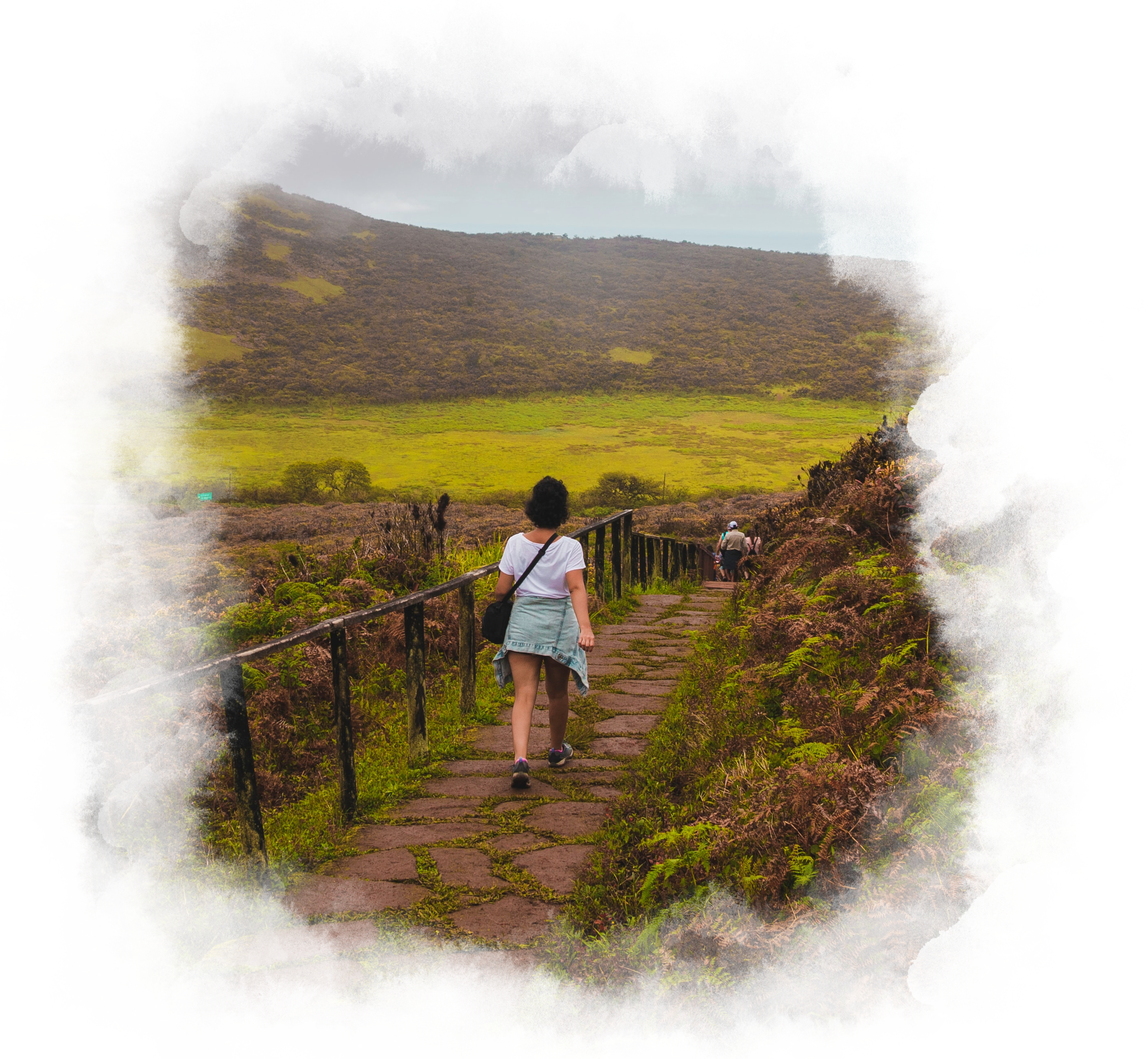 A woman walks along a pretty stone path towards a group ahead. Vegetation grows beside the path and expands into a beautiful view.