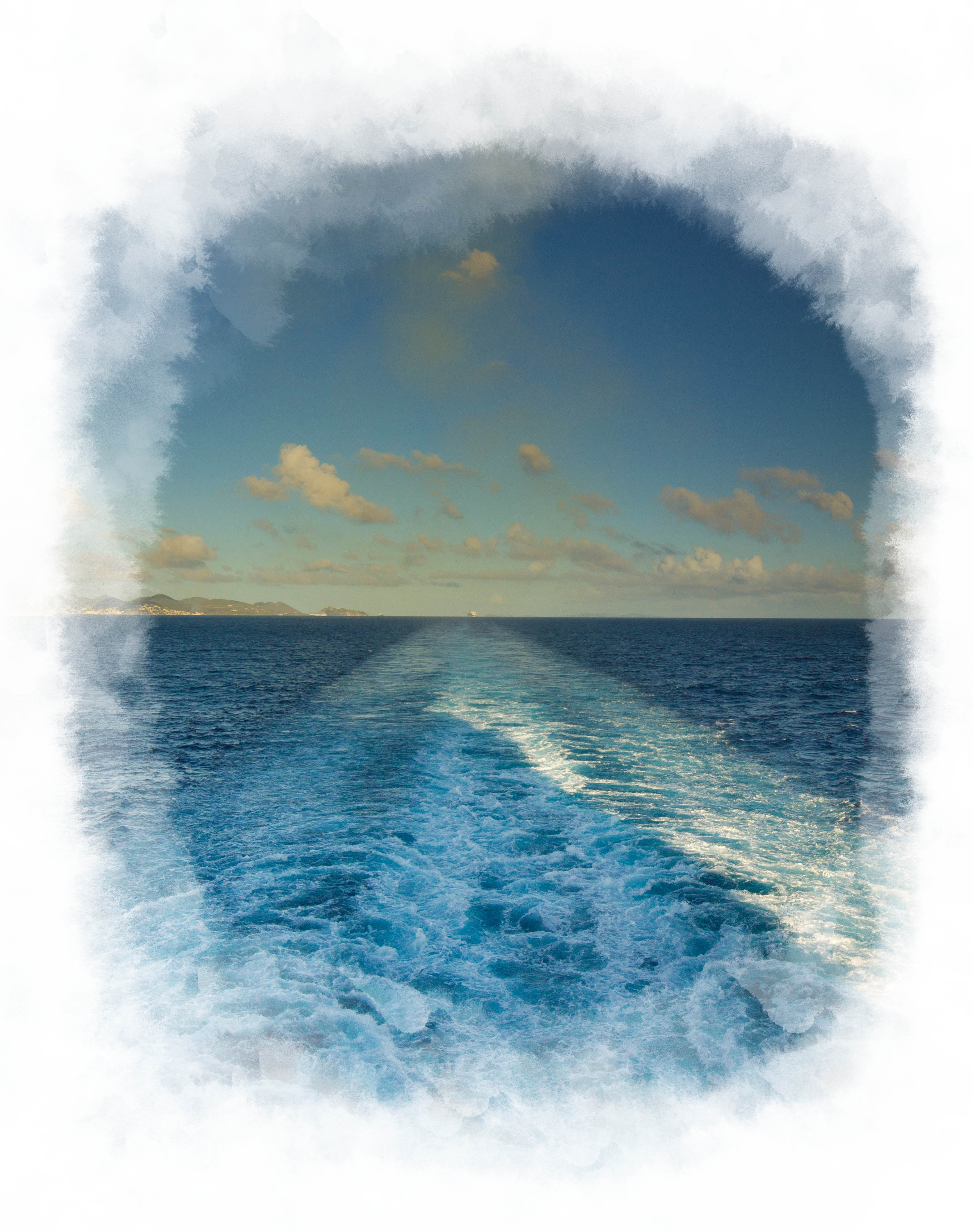 A view of the ocean from the stern of the ship.
