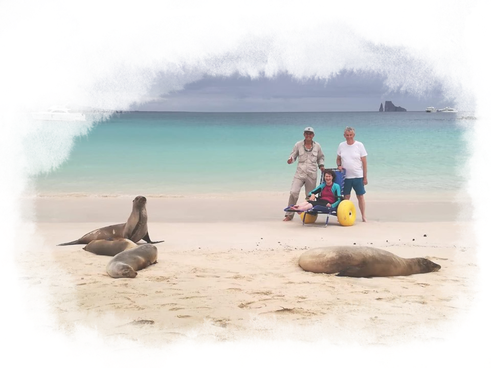 A women in a beach wheelchair and two men standing beside her, watch the sea lions play on the beach.
